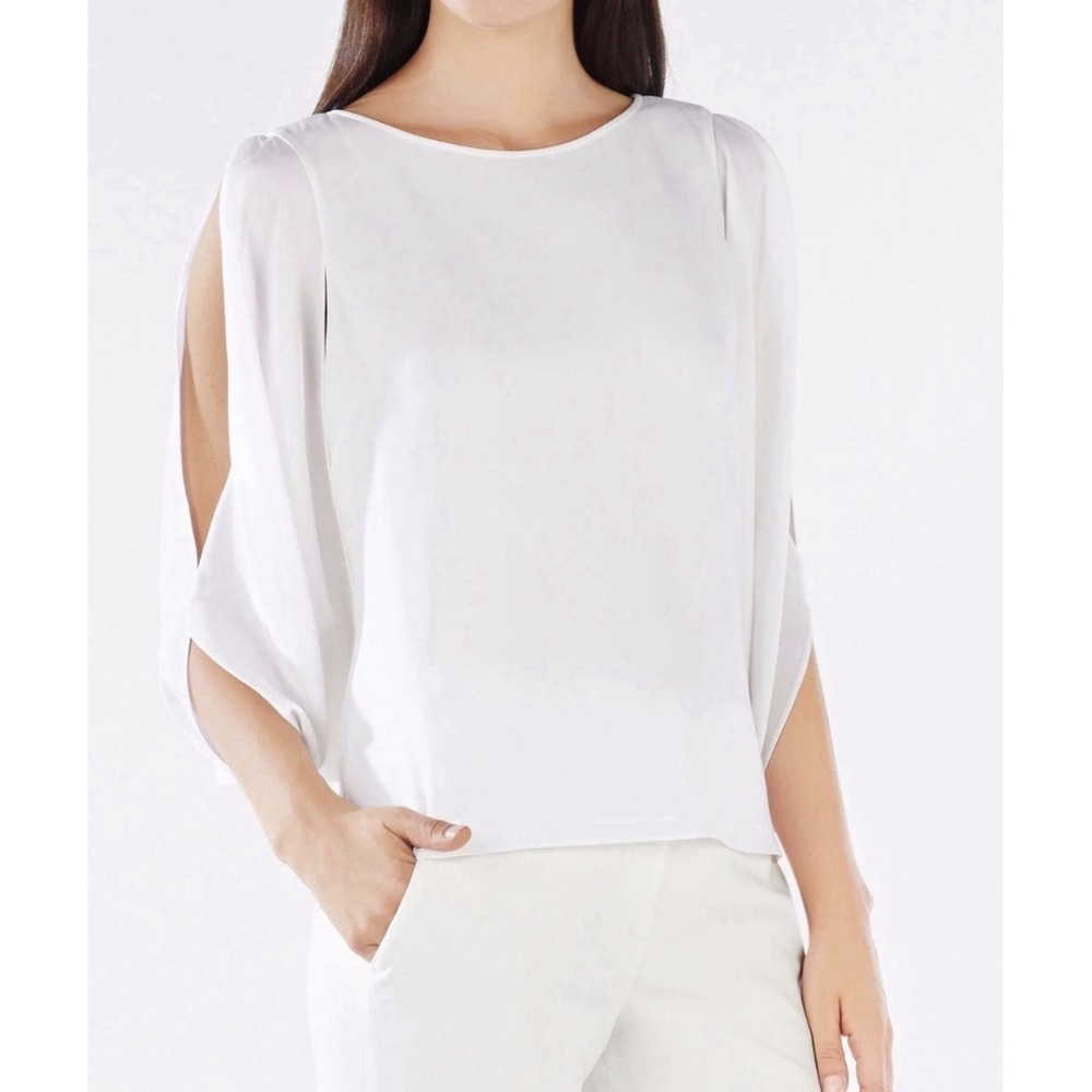 BCBG Maxazria Women's Sz M Sexy Blouse White Kyleigh Fringeback Slitsleeve Top